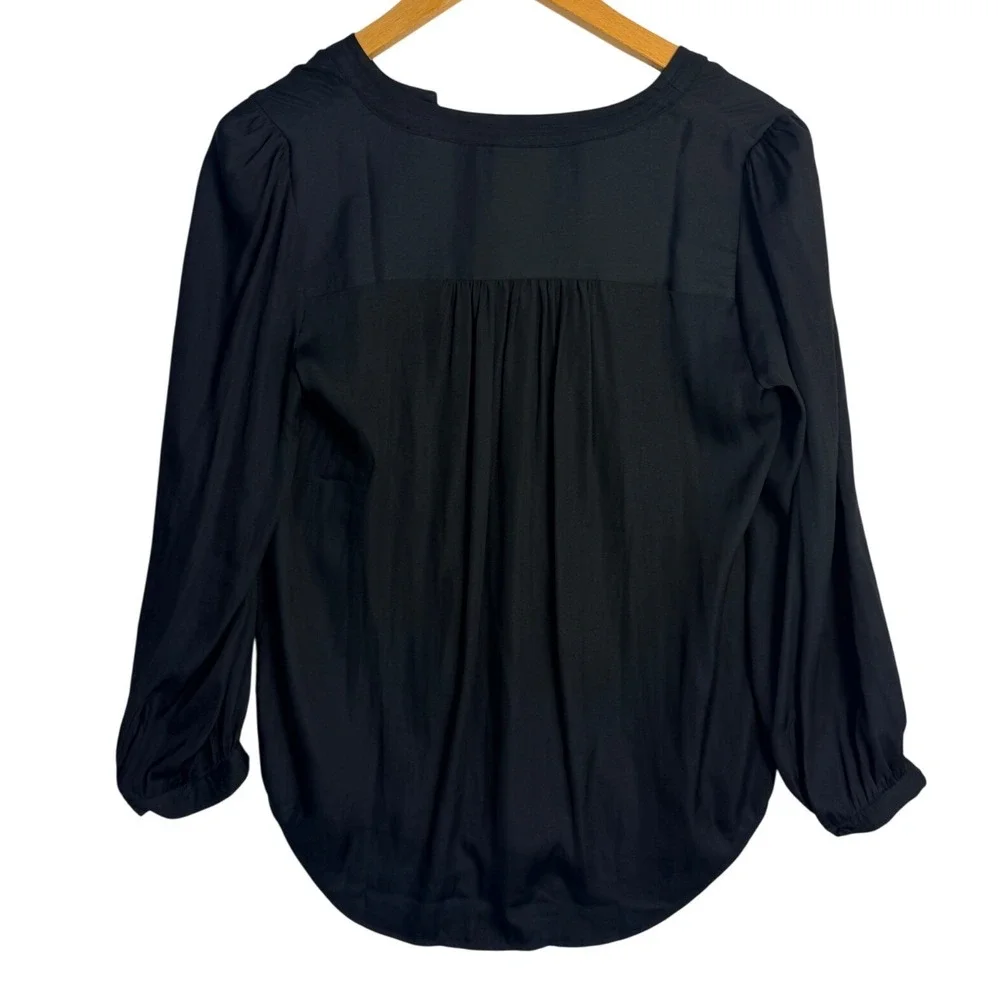 LOFT Women Black Long Sleeve Tassel Tie V-Neck Boho Blouse Top Size‎ S
